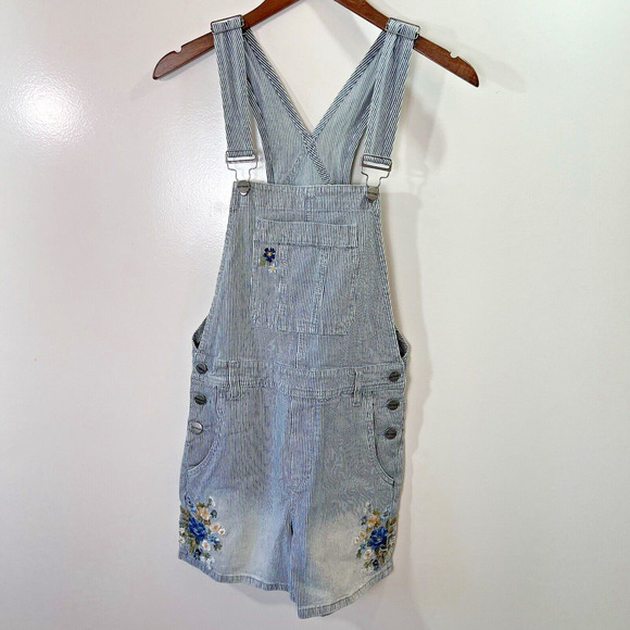 Driftwood Womens Railroad Embroidered Short Overalls Size XS Floral Striped Boho - Picture 1 of 7